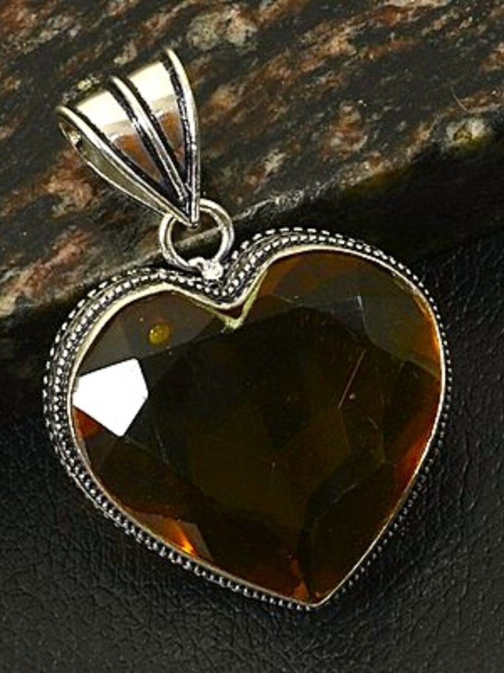 Smoky Quartz Gemstone Sterling Silver Antique Design Heart Pendant